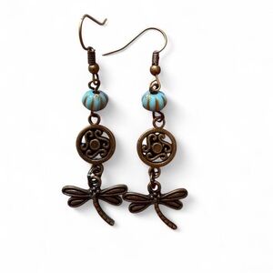 Handmade Dragonfly Dangle Earrings Turquoise Acrylic Bead Bronze Filigree | NWT